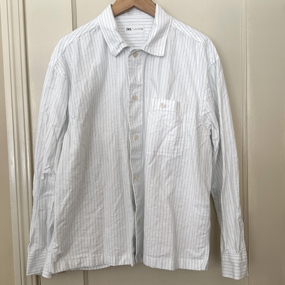 Pinstripe boxy cotton button down large